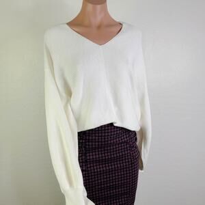 1 State V Neck Ribbed Knit Balloon Sleeve Pullover Sweater White Cream Large NWT